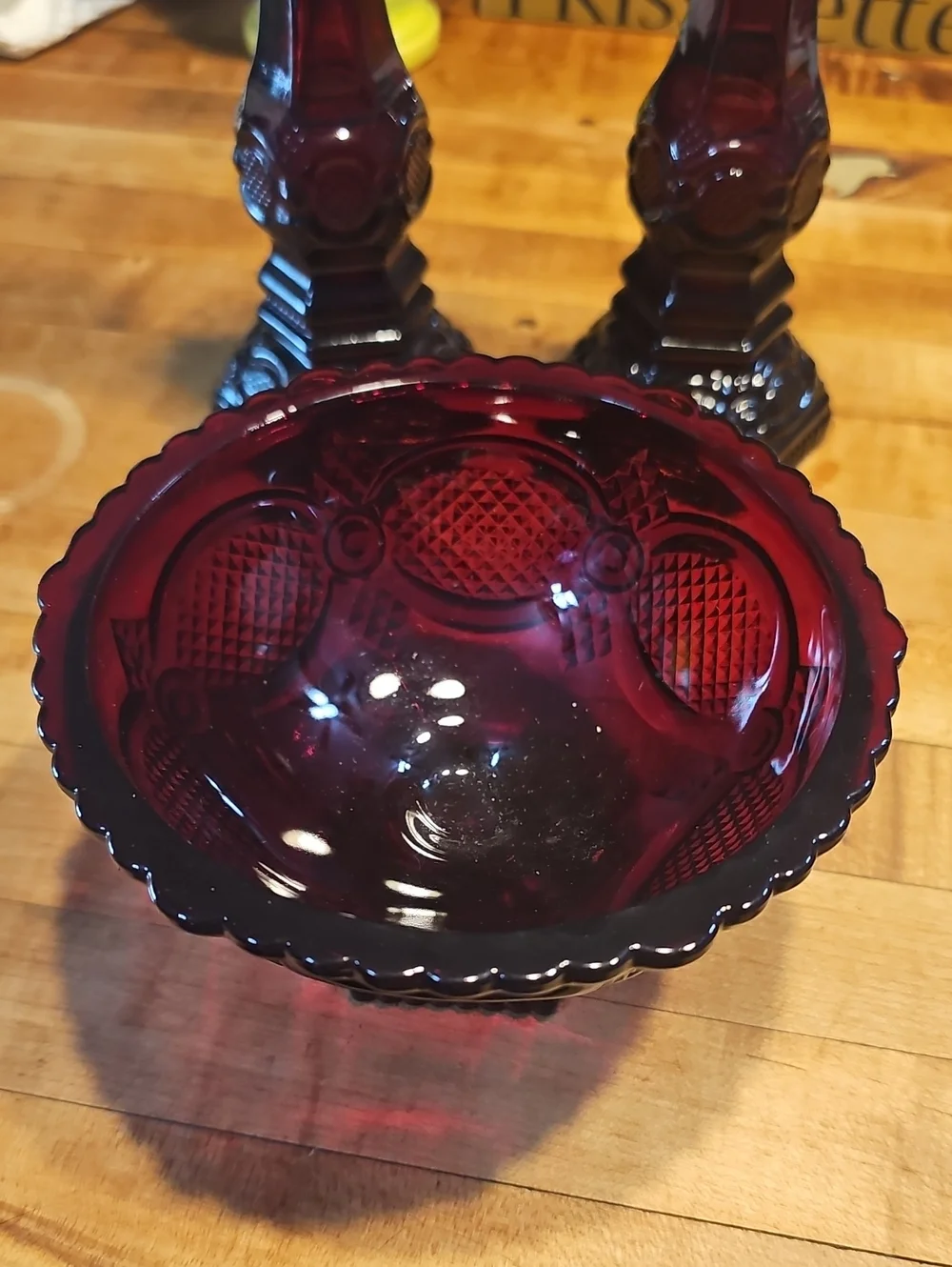 Ruby Red Pressed Glass Candy Dish with Matching Candle Holders Avon Cape Cod